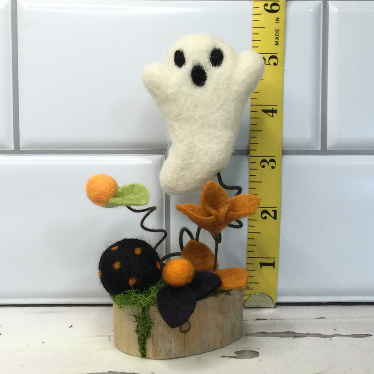 Ghost with Flora on Natural Tree Stump/Halloween