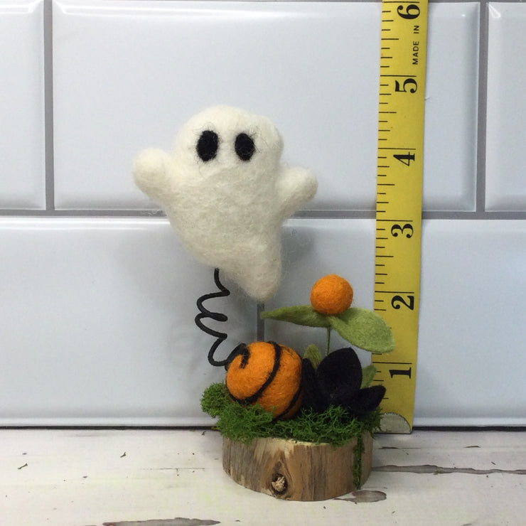 Ghost with Flora on Natural Tree Stump/Halloween