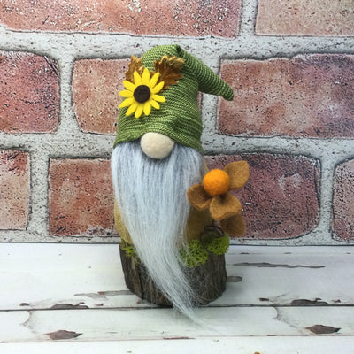 Sunflower Gnome with Flora on Natural Tree Stump