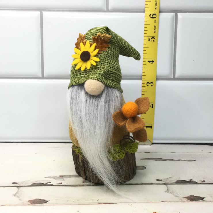 Sunflower Gnome with Flora on Natural Tree Stump