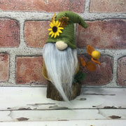 Sunflower Gnome with Flora on Natural Tree Stump