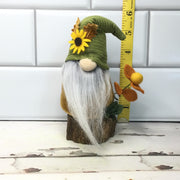 Sunflower Gnome with Flora on Natural Tree Stump