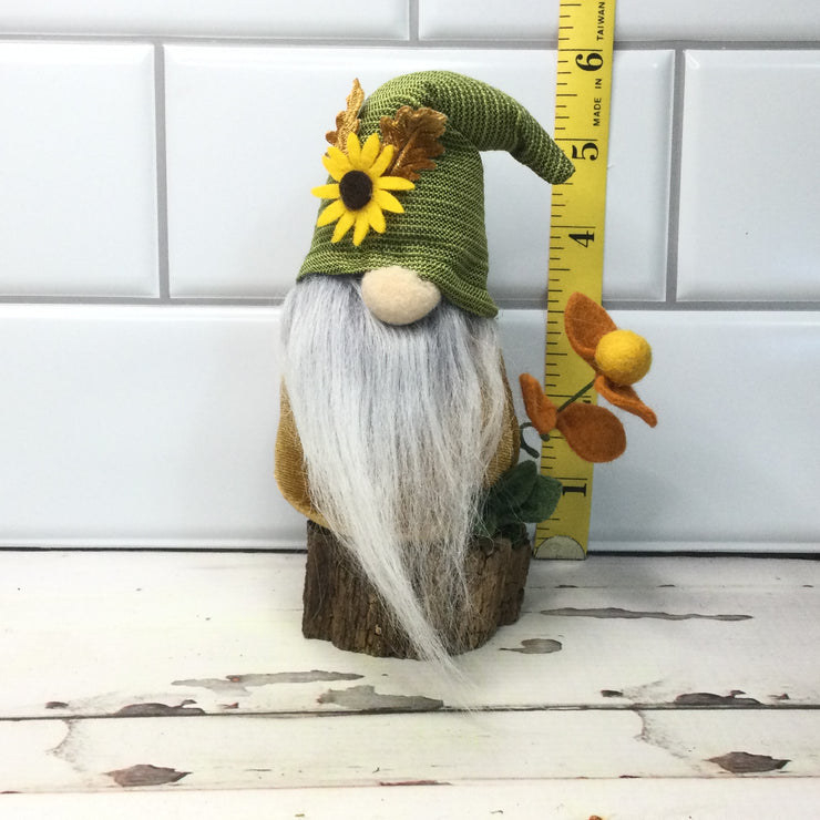 Sunflower Gnome with Flora on Natural Tree Stump