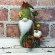 Maple Leaf Gnome with Pumpkin & Flora on Natural Tree Stump