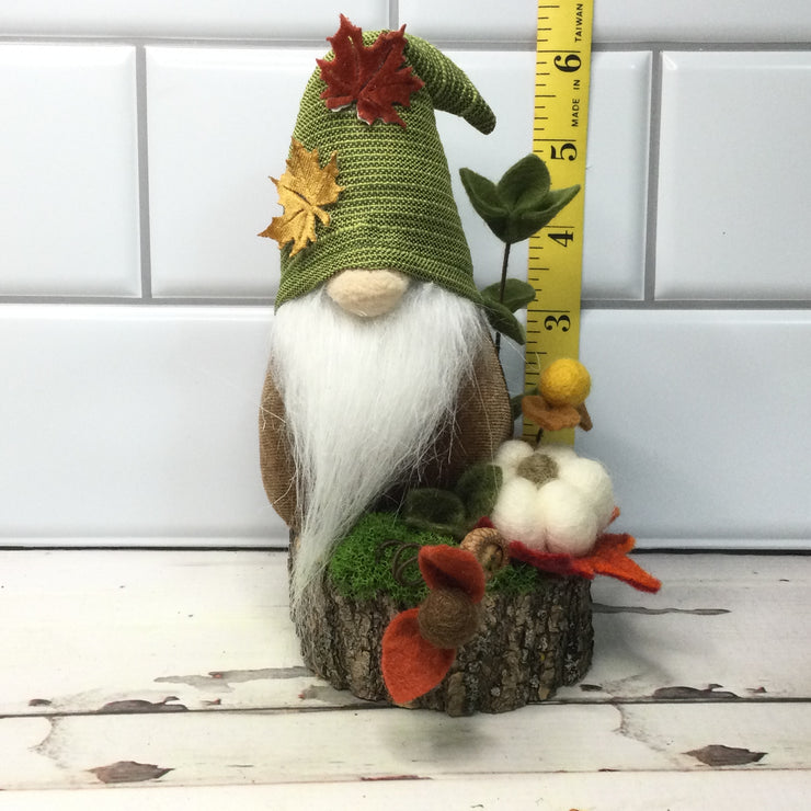 Maple Leaf Gnome with Pumpkin & Flora on Natural Tree Stump