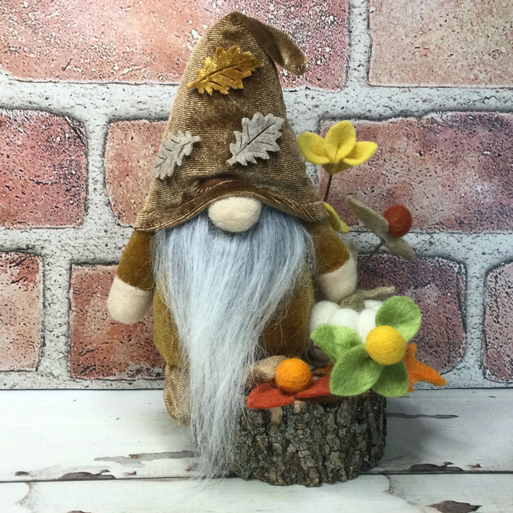 Autumn Leaf Gnome, Pumpkin & Flora on Natural Tree Stump