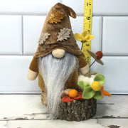 Autumn Leaf Gnome, Pumpkin & Flora on Natural Tree Stump