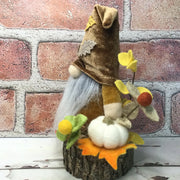 Autumn Leaf Gnome, Pumpkin & Flora on Natural Tree Stump