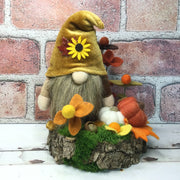 Sunflower Gnome with Flora on Natural Tree Stump