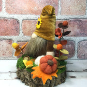 Sunflower Gnome with Flora on Natural Tree Stump