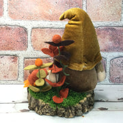 Sunflower Gnome with Flora on Natural Tree Stump