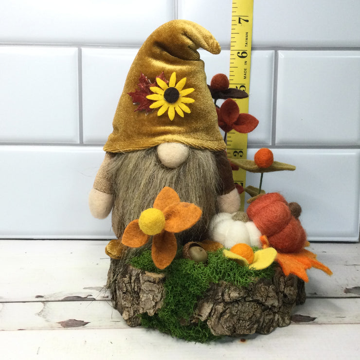 Sunflower Gnome with Flora on Natural Tree Stump