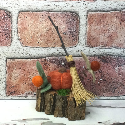 Autumn Pumpkin, Witch's Broom & Flora on Natural Tree Stump/Halloween