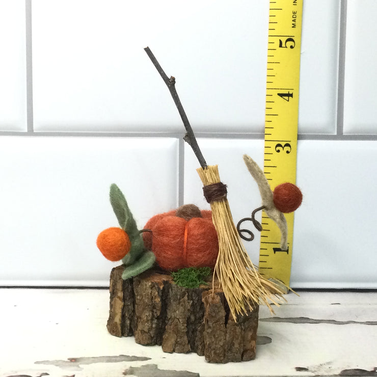 Autumn Pumpkin, Witch's Broom & Flora on Natural Tree Stump/Halloween