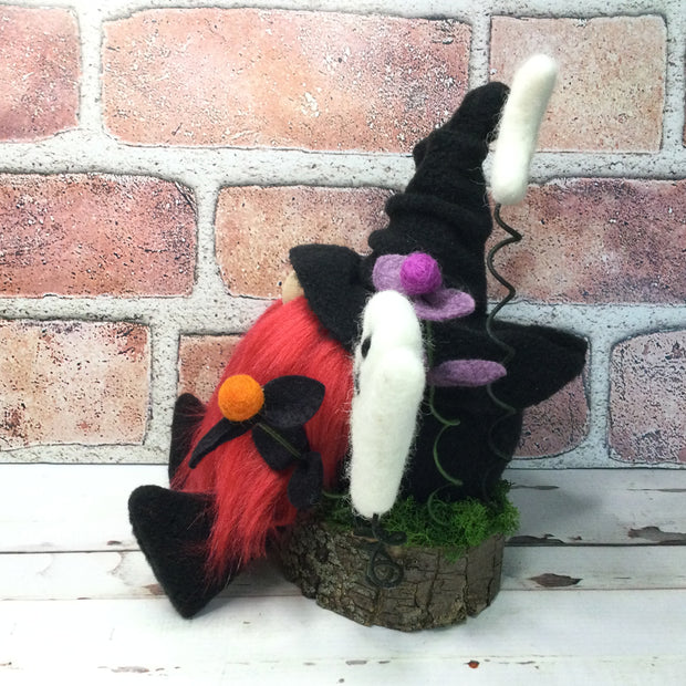 Witchy Gnome, Ghost, Moon & Flora on Natural Tree Stump/Halloween