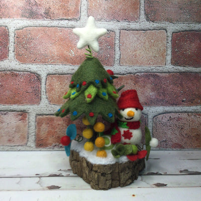 Snowman with Christmas Tree & Flora on Natural Tree Stump/Christmas