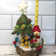 Snowman with Christmas Tree & Flora on Natural Tree Stump/Christmas