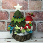 Snowman with Christmas Tree & Flora on Natural Tree Stump/Christmas