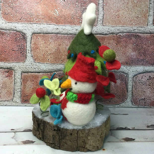 Snowman with Christmas Tree & Flora on Natural Tree Stump/Christmas