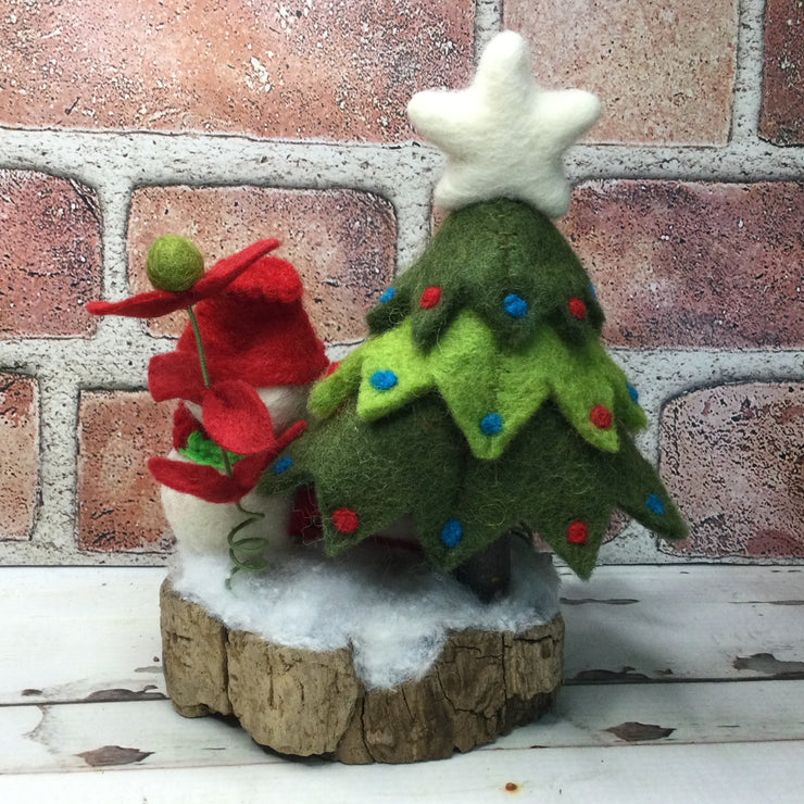 Snowman with Christmas Tree & Flora on Natural Tree Stump/Christmas