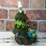 Snowman with Christmas Tree & Flora on Natural Tree Stump/Christmas