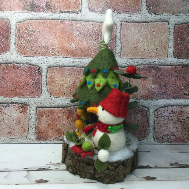 Snowman with Christmas Tree & Flora on Natural Tree Stump/Christmas