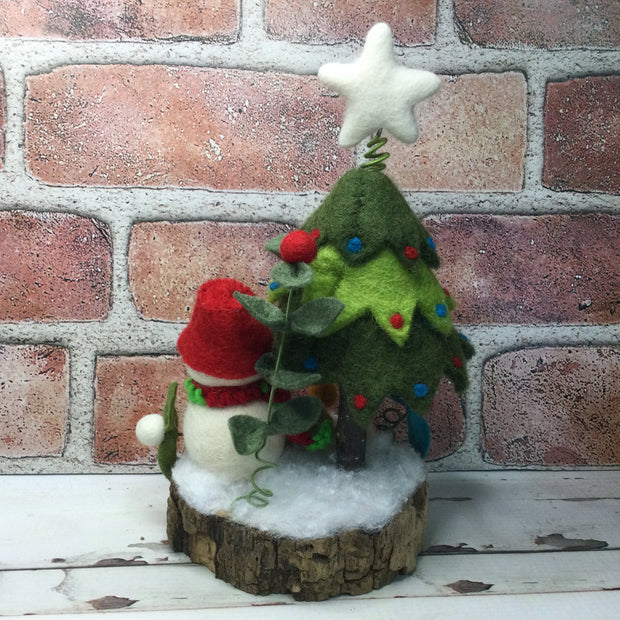 Snowman with Christmas Tree & Flora on Natural Tree Stump/Christmas