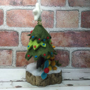 Snowman with Christmas Tree & Flora on Natural Tree Stump/Christmas