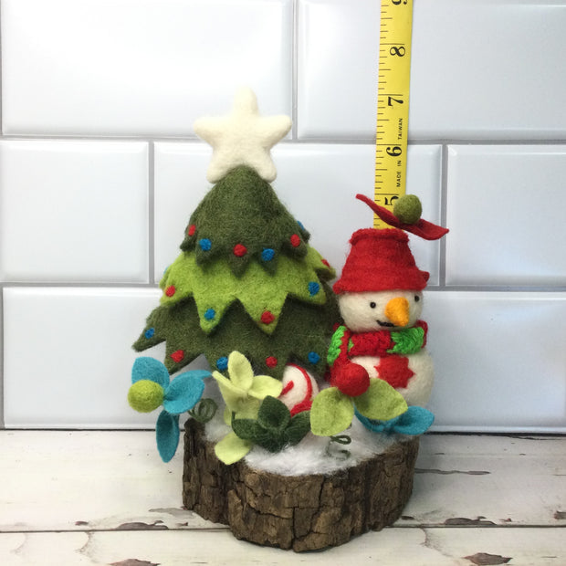 Snowman with Christmas Tree & Flora on Natural Tree Stump/Christmas