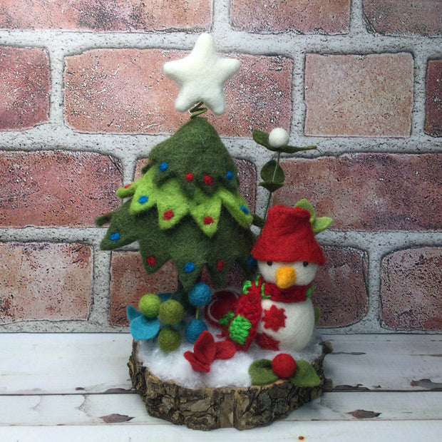 Snowman with Christmas Tree & Flora on Natural Tree Stump/Christmas