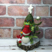 Snowman with Christmas Tree & Flora on Natural Tree Stump/Christmas