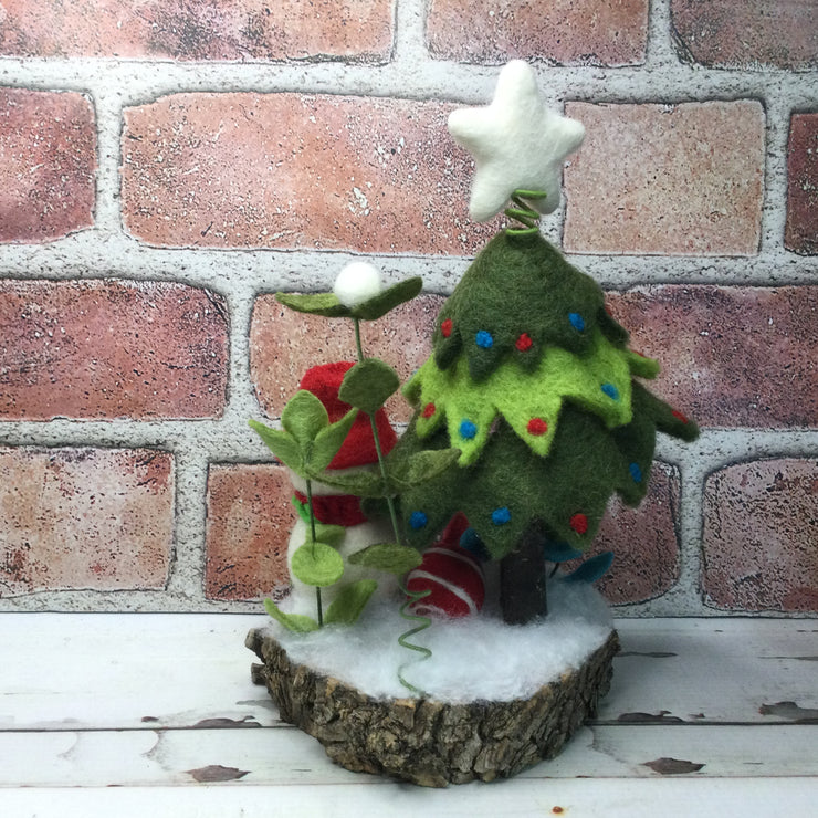 Snowman with Christmas Tree & Flora on Natural Tree Stump/Christmas