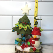 Snowman with Christmas Tree & Flora on Natural Tree Stump/Christmas