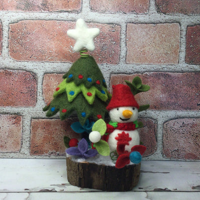 Snowman with Christmas Tree & Flora on Natural Tree Stump/Christmas