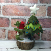 Snowman with Christmas Tree & Flora on Natural Tree Stump/Christmas