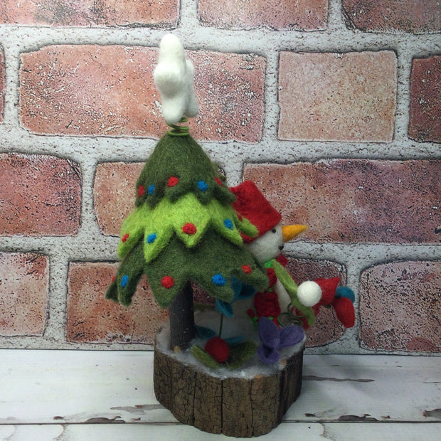 Snowman with Christmas Tree & Flora on Natural Tree Stump/Christmas