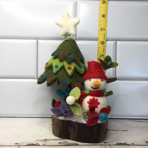 Snowman with Christmas Tree & Flora on Natural Tree Stump/Christmas