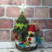 Snowman with Christmas Tree & Flora on Natural Tree Stump/Christmas