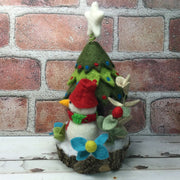 Snowman with Christmas Tree & Flora on Natural Tree Stump/Christmas