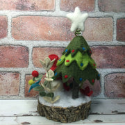 Snowman with Christmas Tree & Flora on Natural Tree Stump/Christmas