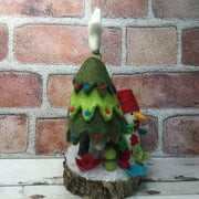 Snowman with Christmas Tree & Flora on Natural Tree Stump/Christmas