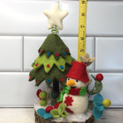 Snowman with Christmas Tree & Flora on Natural Tree Stump/Christmas