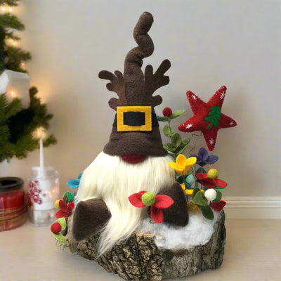 Rudolph Gnome with Red Star & Flora on Natural Tree Stump/Christmas