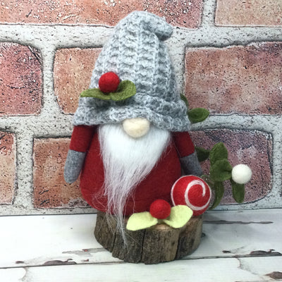 Red & Grey Gnome & Flora on Natural Tree Stump/Christmas