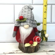 Red & Grey Gnome & Flora on Natural Tree Stump/Christmas