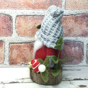 Red & Grey Gnome & Flora on Natural Tree Stump/Christmas