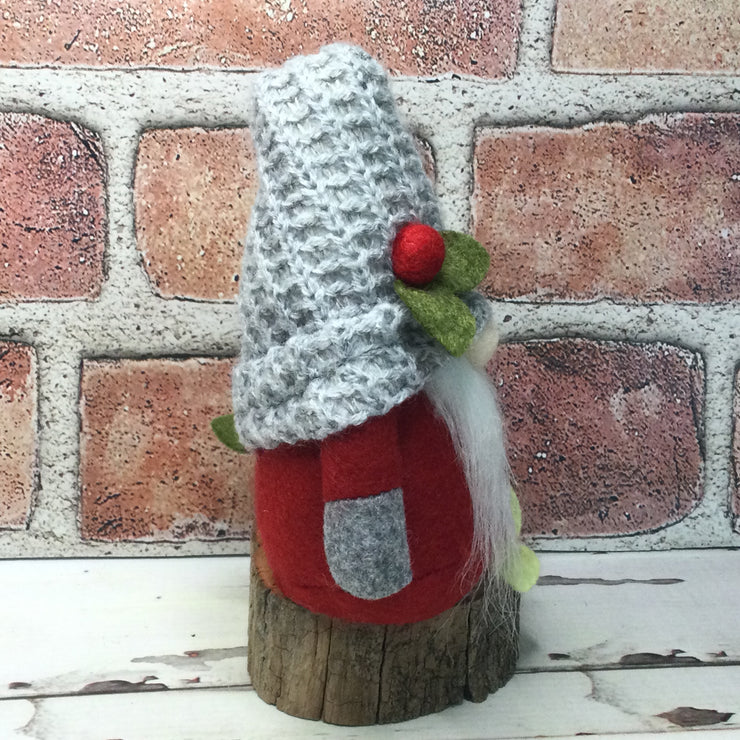 Red & Grey Gnome & Flora on Natural Tree Stump/Christmas