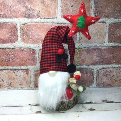 Red Buffalo Check Gnome with Red Star & Flora on Natural Tree Stump/Christmas