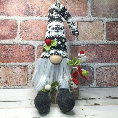 Grey & White Gnome & Flora on Natural Tree Stump/Christmas