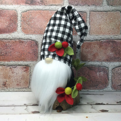 Buffalo Check Gnome & Flora on Natural Tree Stump/Christmas